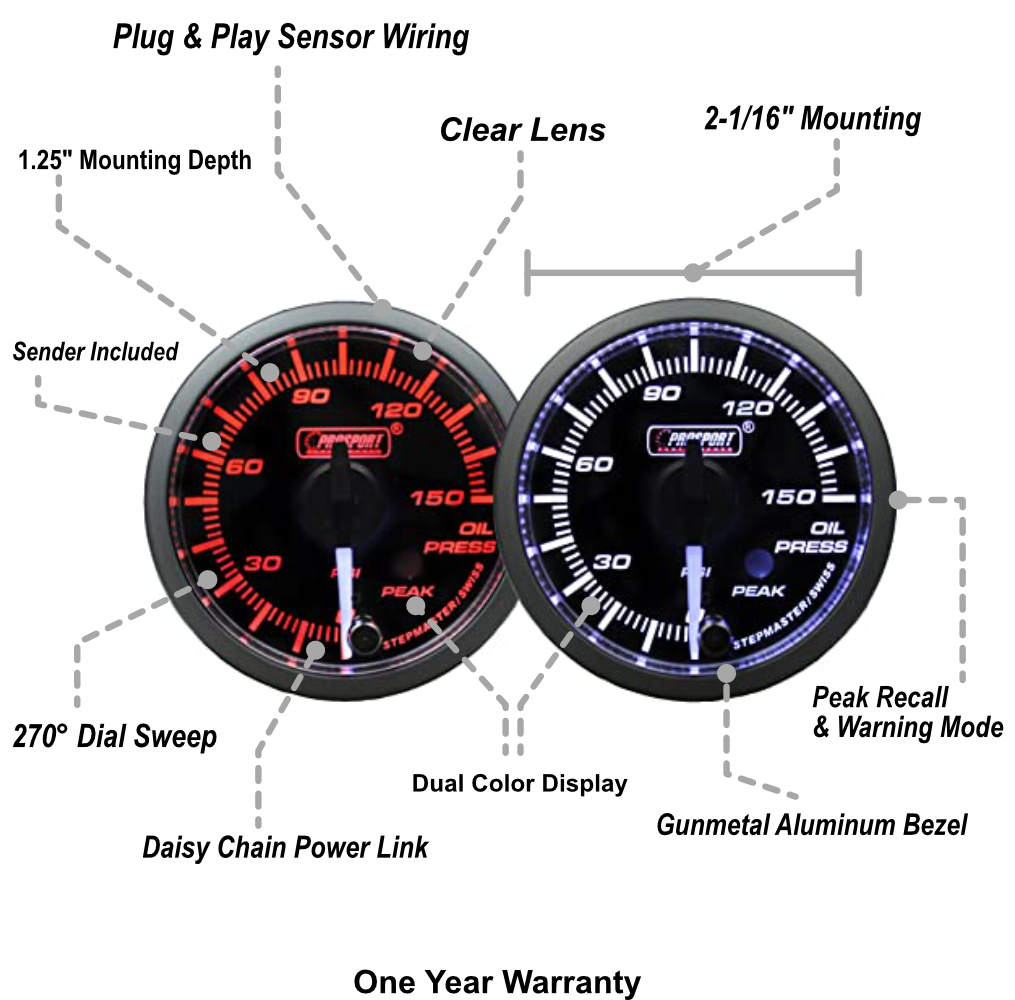2-1/16" Premium White Pointer Clear Lens Amber/White Oil Pressure Gauge