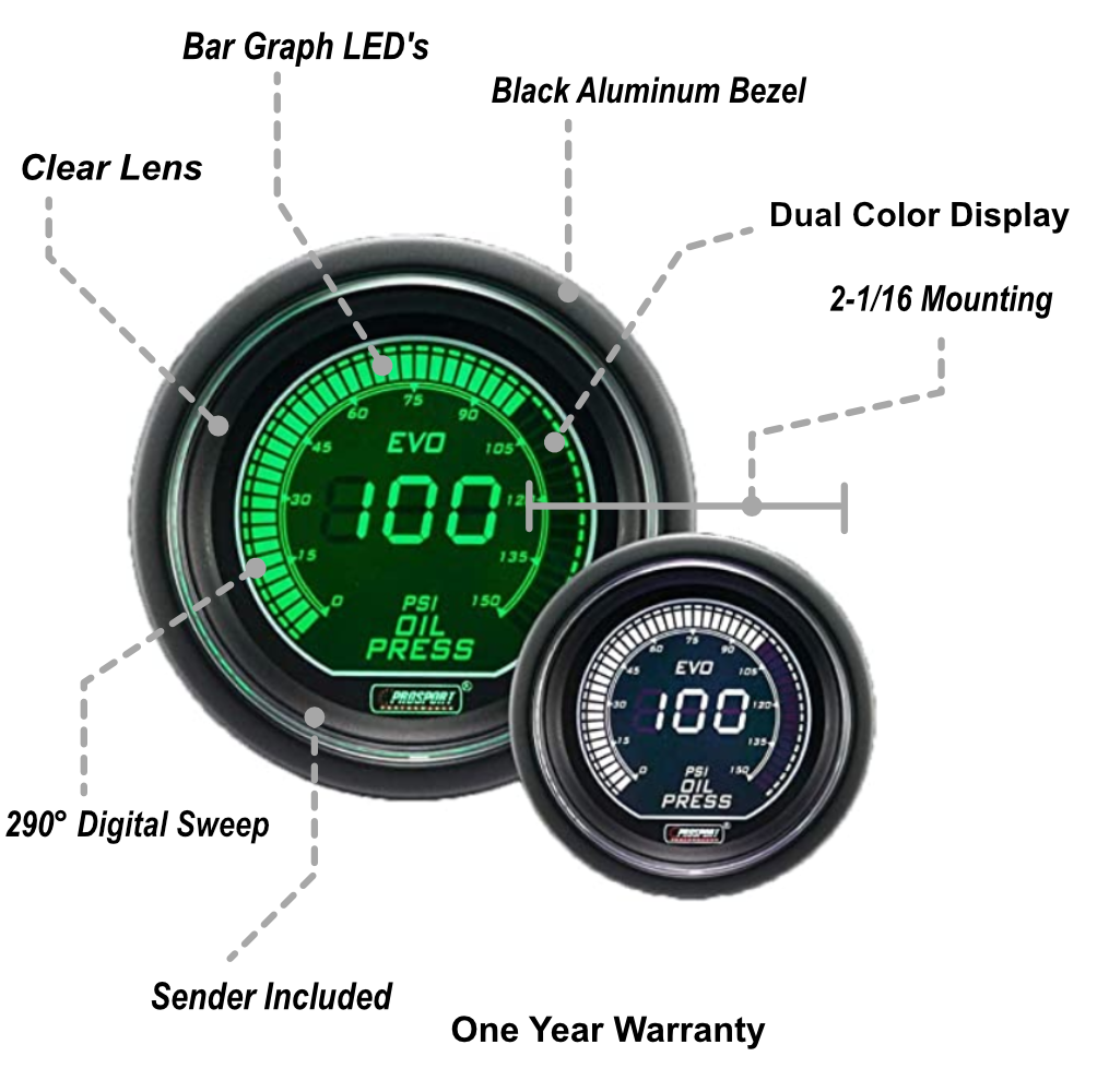 2-1/16" Evo Electrical Green/White Oil Pressure Gauge-