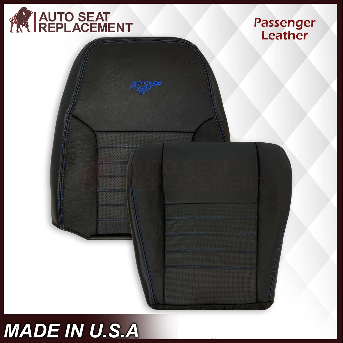 1999-2004 Ford Mustang GT Convertible Custom Blue Stitching Front & Second Row Seat Covers in Dark Charcoal Black: Choose From Variation