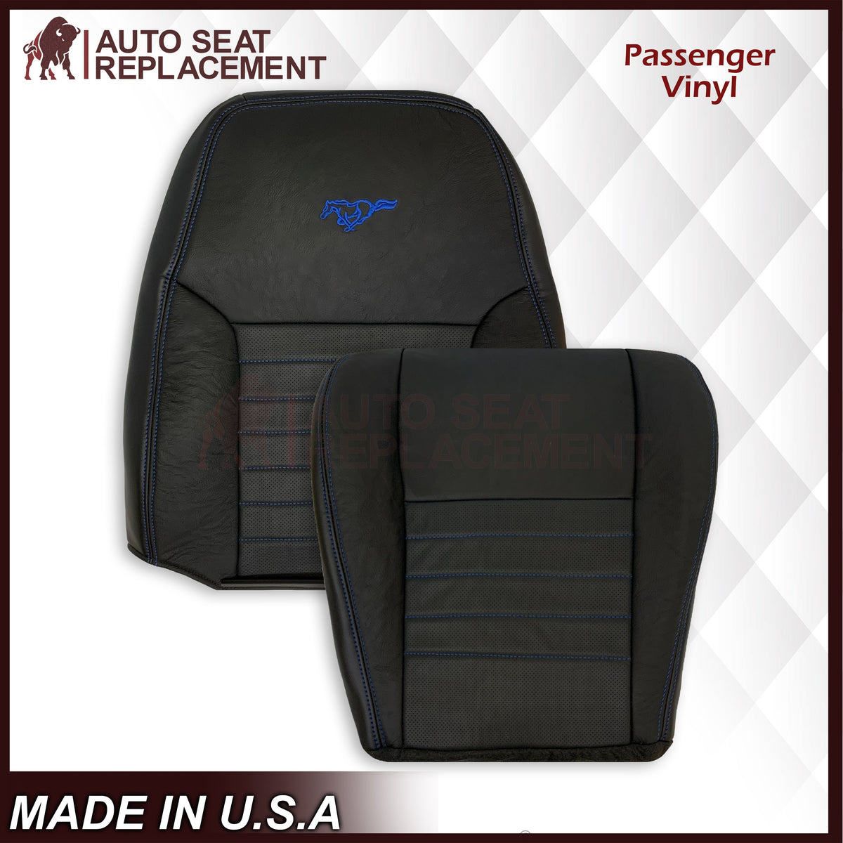 1999-2004 Ford Mustang GT Convertible Custom Blue Stitching Front & Second Row Seat Covers in Dark Charcoal Black: Choose From Variation