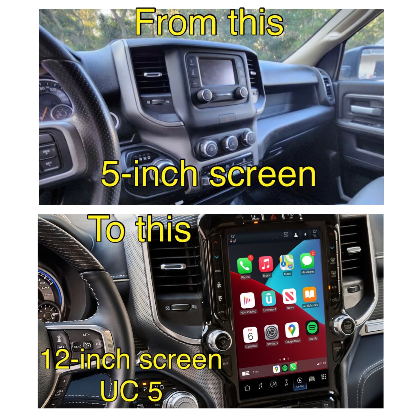 2019–2024 Ram 2500/3500 Uconnect 5 12-Inch Screen Upgrade Kit UBQ – Wireless Apple CarPlay & Android Auto