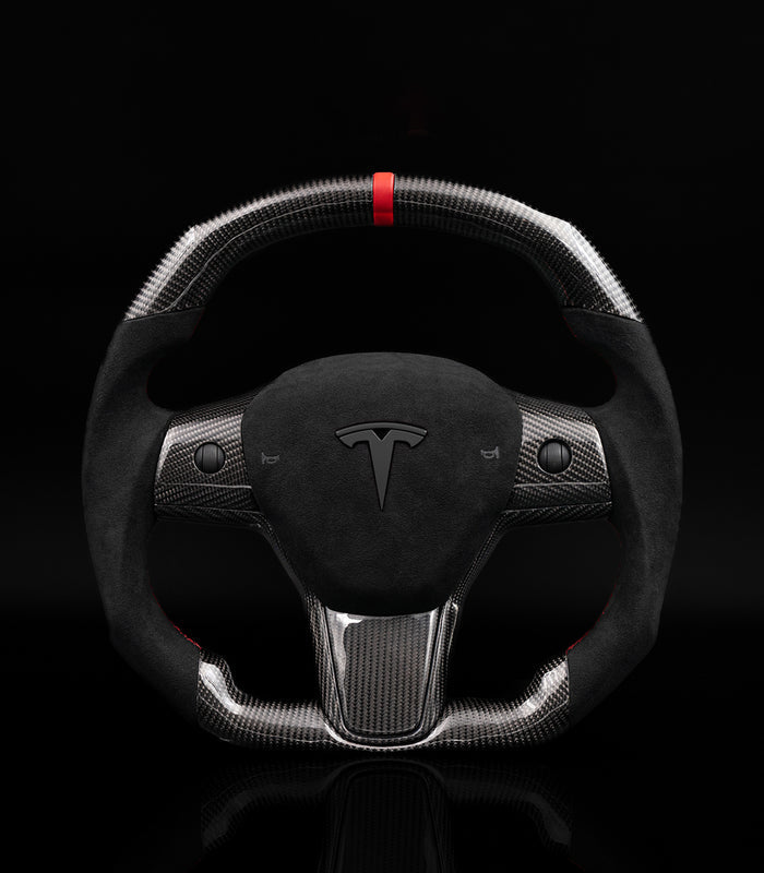 Sixth Element TESLA MODEL Y / MODEL 3 ALCANTARA FLAT BOTTOM SUPERNOVA GLOSS CARBON STEERING WHEEL