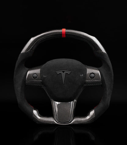 Sixth Element TESLA MODEL Y / MODEL 3 ALCANTARA FLAT BOTTOM SUPERNOVA GLOSS CARBON STEERING WHEEL