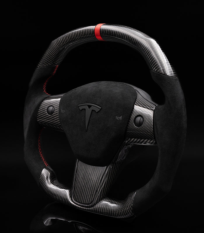 Sixth Element TESLA MODEL Y / MODEL 3 ALCANTARA FLAT BOTTOM SUPERNOVA GLOSS CARBON STEERING WHEEL