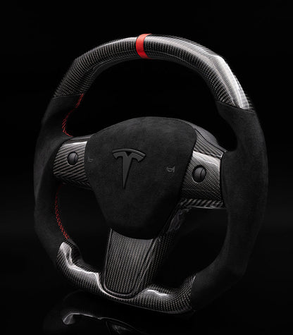 Sixth Element TESLA MODEL Y / MODEL 3 ALCANTARA FLAT BOTTOM SUPERNOVA GLOSS CARBON STEERING WHEEL