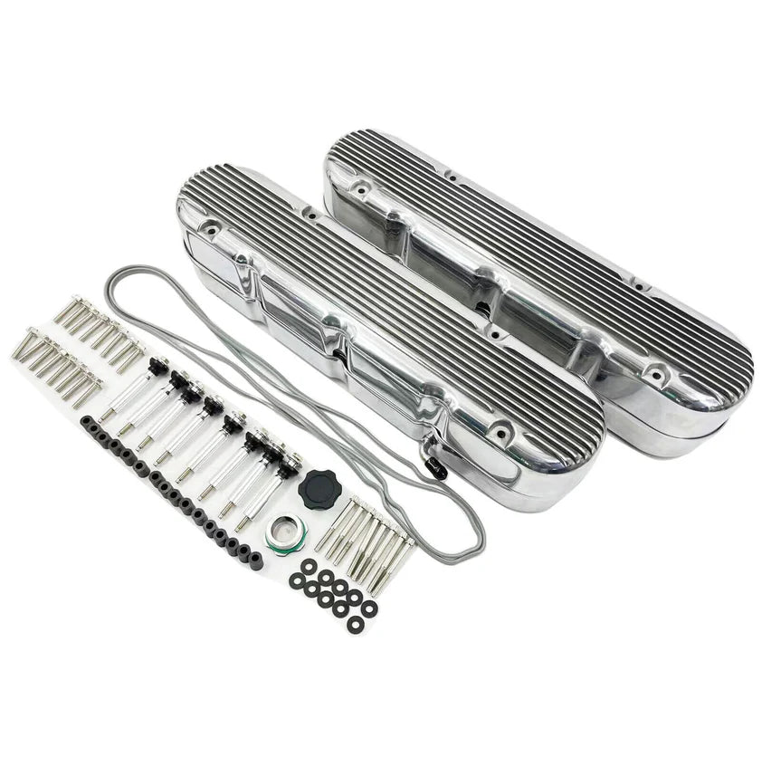 BULL BOOST PERFORMANCE Aluminum Finned Valve Covers With Coil Mounts &amp; Covers For GM LS Engines Polished
