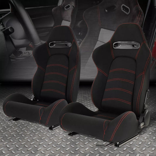 GEN PERFORMANCE Pair of Universal Black Woven Fabric Red Double Stitching Reclinable Racing Seats