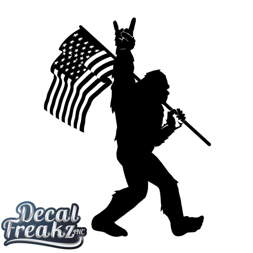 Sasquatch Rock On American Flag Bigfoot Decal - SOLID BLACK
