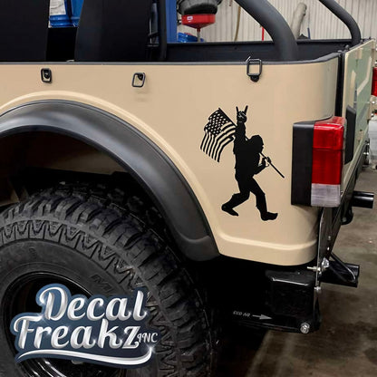 Sasquatch Rock On American Flag Bigfoot Decal - SOLID BLACK