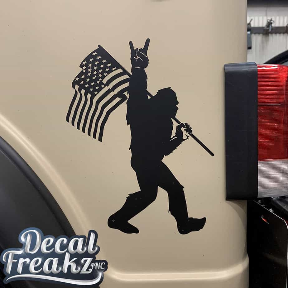 Sasquatch Rock On American Flag Bigfoot Decal - SOLID BLACK