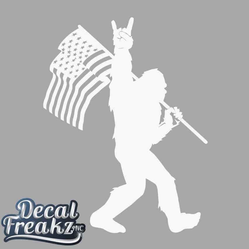Sasquatch Rock On American Flag Bigfoot Decal - SOLID WHITE