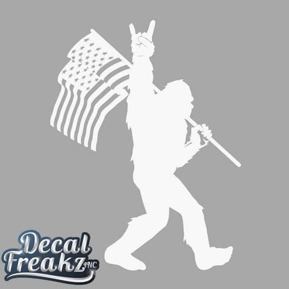 Sasquatch Rock On American Flag Bigfoot Decal - SOLID WHITE