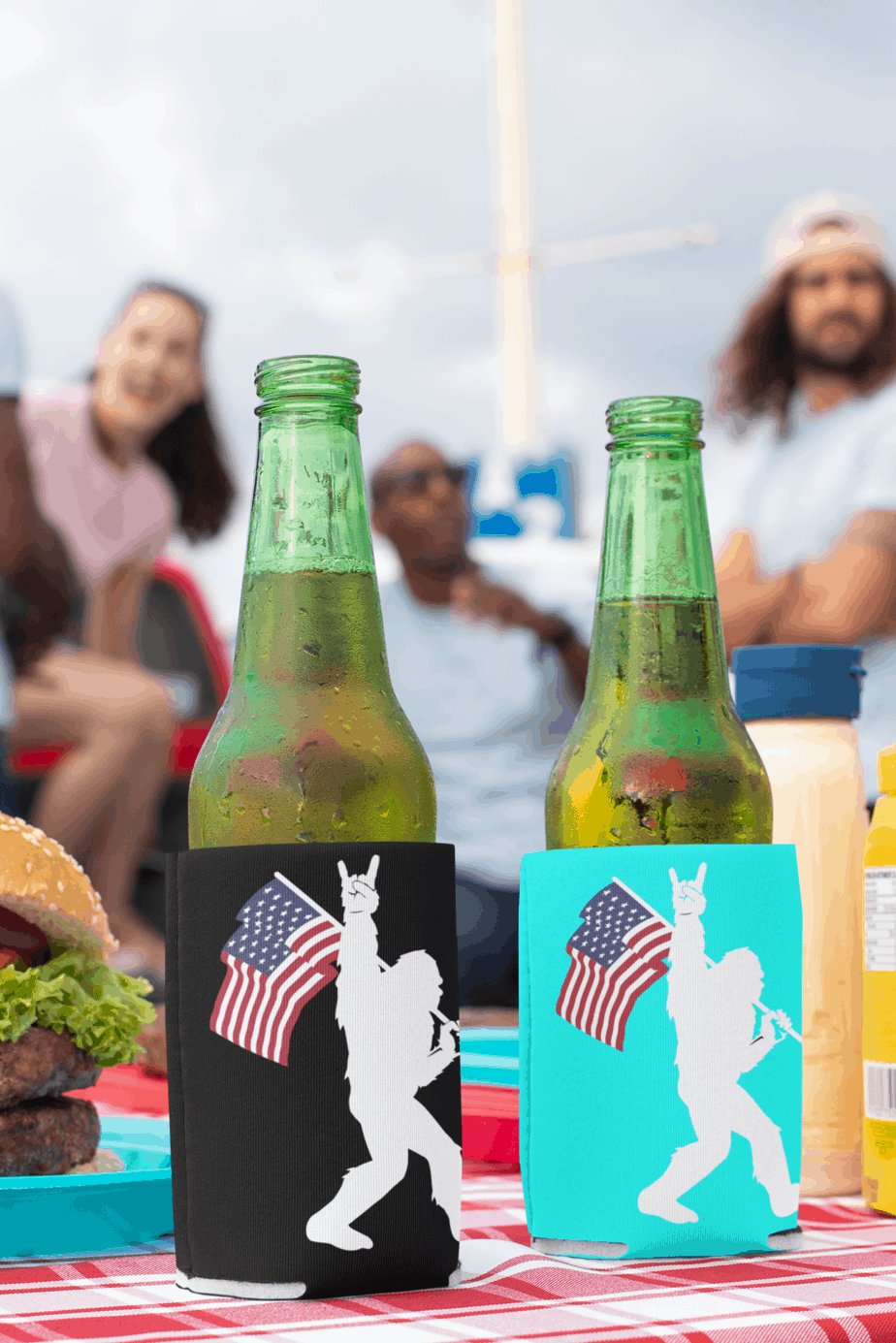 Sasquatch Rock On American Flag bigfoot Foam Can and Bottle Coolers