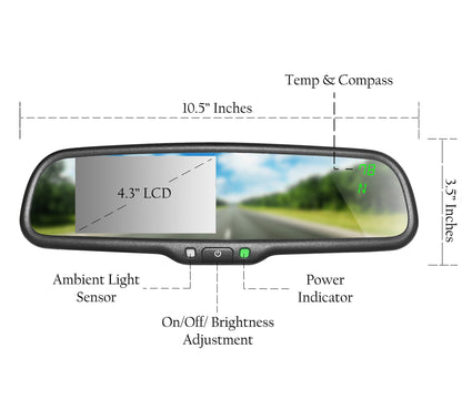 Master Tailgaters 10.5" Rear View Mirror with 4.3" LCD Screen + Compass & Temperature | Rearview Universal Fit Mount | Auto Adjusting Brightness LCD | Anti Glare | Full Original Mirror Replacement
