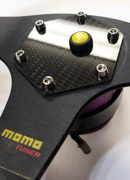 CARBON FIBER Glossy Steering Wheel Horn Button Cover Plate W/ YELLOW Button