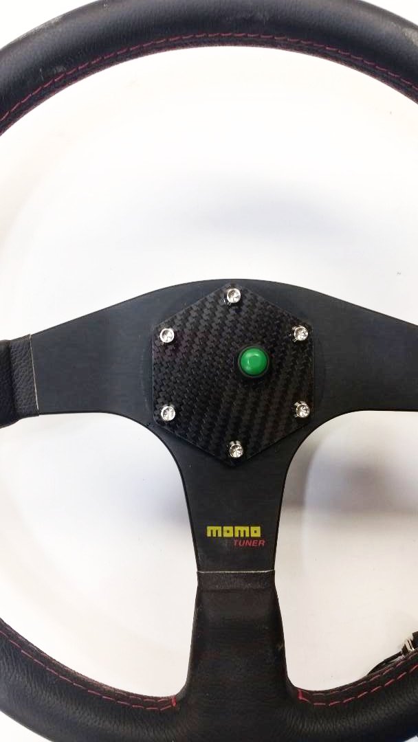 CARBON FIBER Glossy Steering Wheel Horn Button Cover Plate W/ GREEN Button