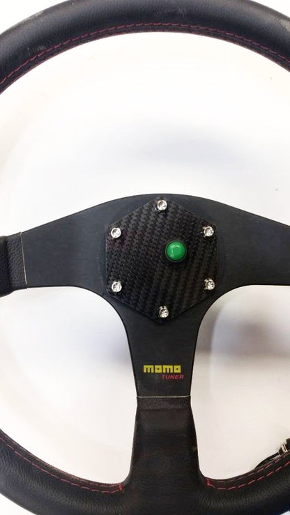 CARBON FIBER Glossy Steering Wheel Horn Button Cover Plate W/ GREEN Button