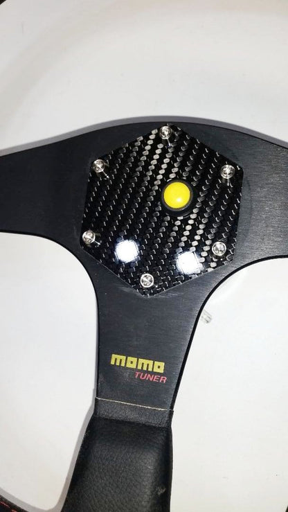 CARBON FIBER Glossy Steering Wheel Horn Button Cover Plate W/ YELLOW Button