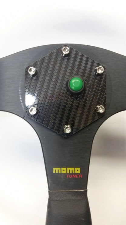 CARBON FIBER Glossy Steering Wheel Horn Button Cover Plate W/ GREEN Button