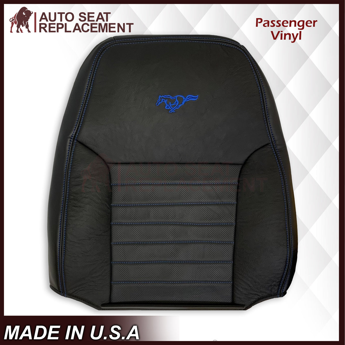 1999-2004 Ford Mustang GT Convertible Custom Blue Stitching Front & Second Row Seat Covers in Dark Charcoal Black: Choose From Variation