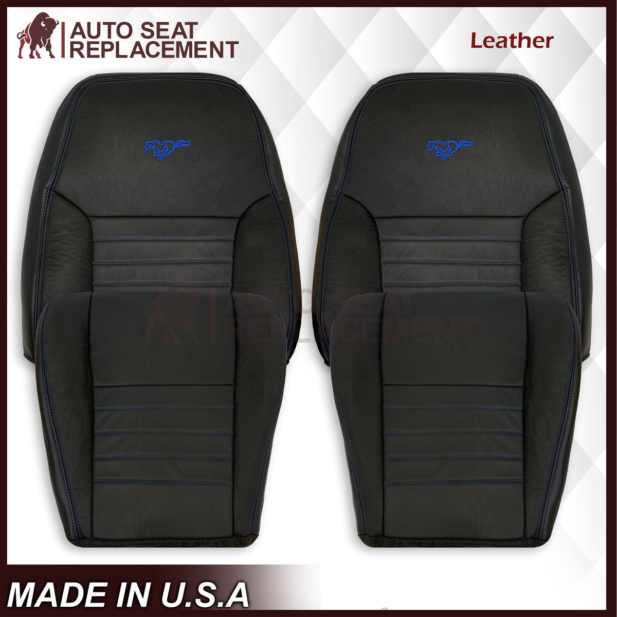 1999-2004 Ford Mustang GT Convertible Custom Blue Stitching Front & Second Row Seat Covers in Dark Charcoal Black: Choose From Variation