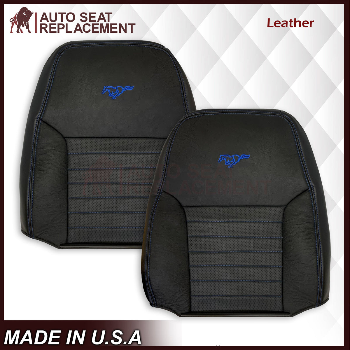 1999-2004 Ford Mustang GT Convertible Custom Blue Stitching Front & Second Row Seat Covers in Dark Charcoal Black: Choose From Variation