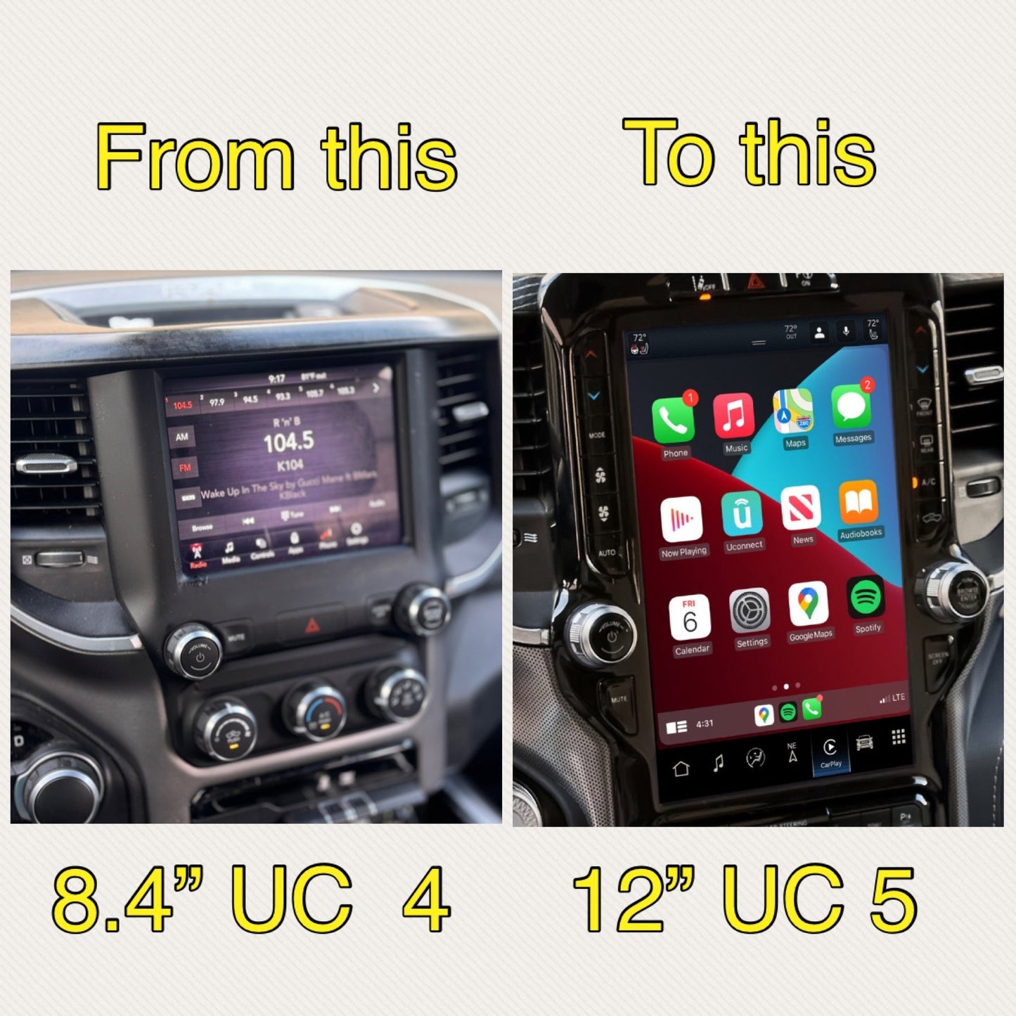 2019-2024 RAM 1500 UBQ Uconnect 5 Upgrade kit with 12-inch Touchscreen including Wireless Apple CarPlay / Android Auto