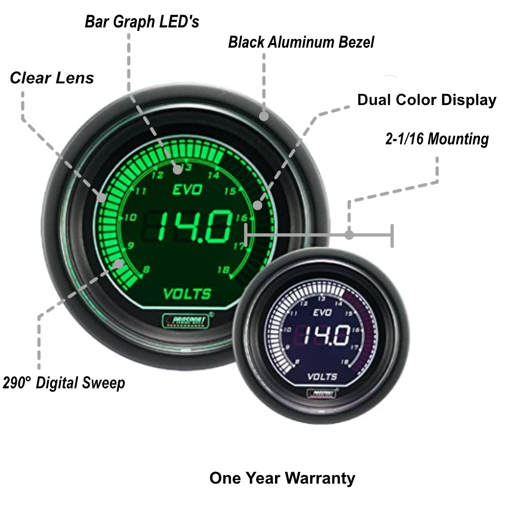 2-1/16" Evo Electrical White Green Volt Gauge