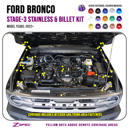 ZSPEC Stage-3 Dress Up Bolts® Fastener Kit for '21+ Ford Bronco 2.7L, Stainless-Billet