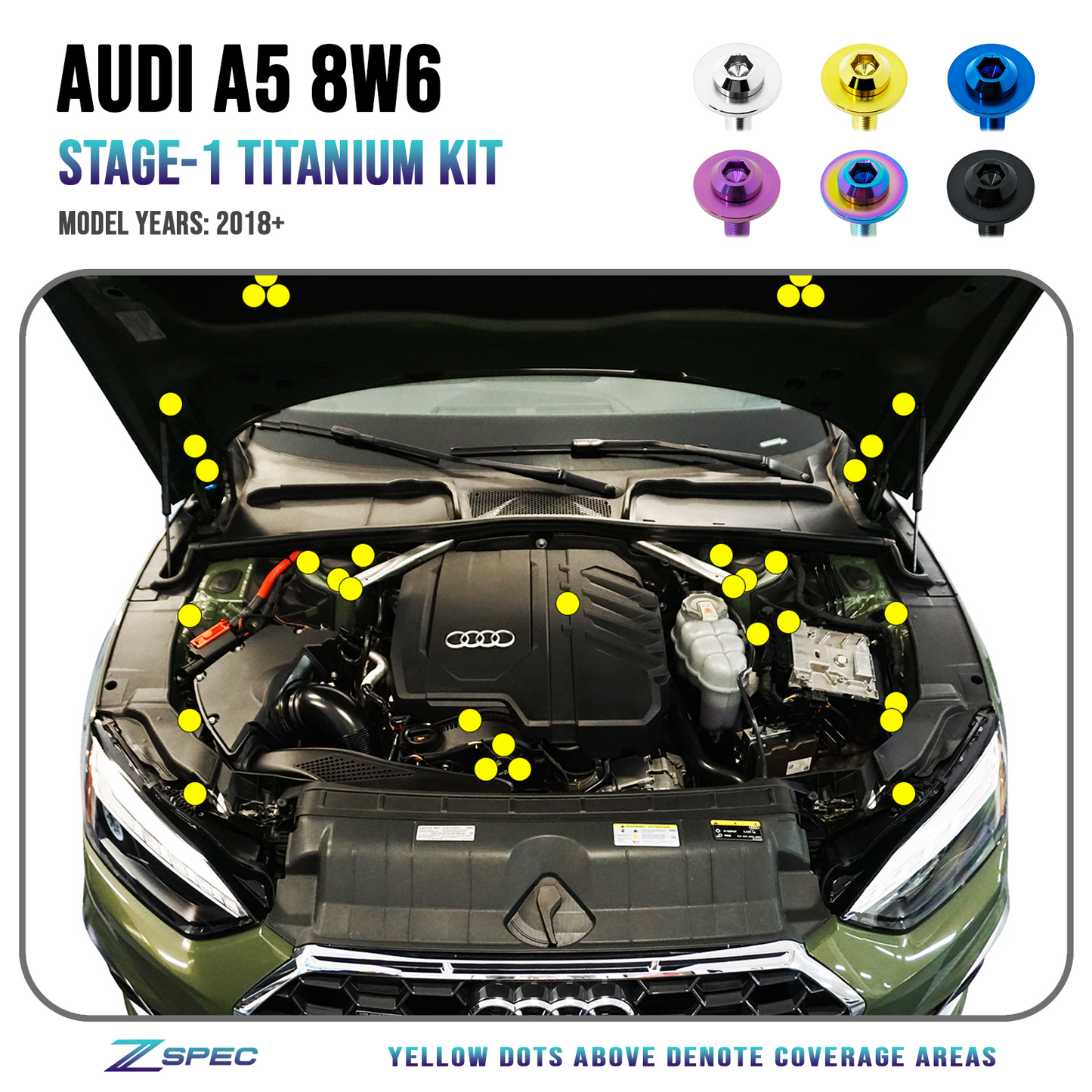 ZSPEC Stage-1 Dress Up Bolts® Fastener Kit for '18-23+ Audi A5 8W6 2.0L, Titanium