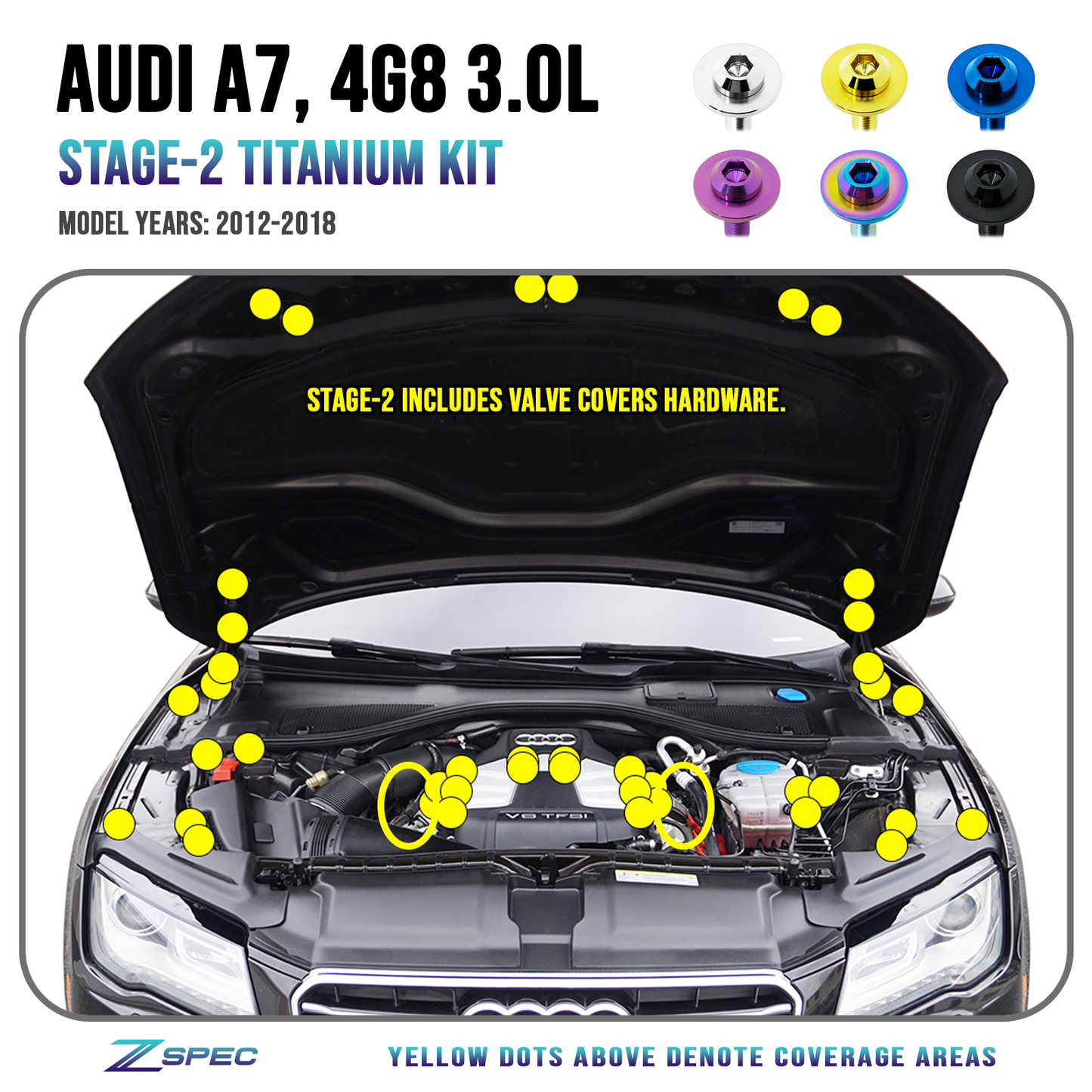 ZSPEC Stage-2 Dress Up Bolts® Fastener Kit for '12-18 Audi A7 4G8 3.0L, Titanium