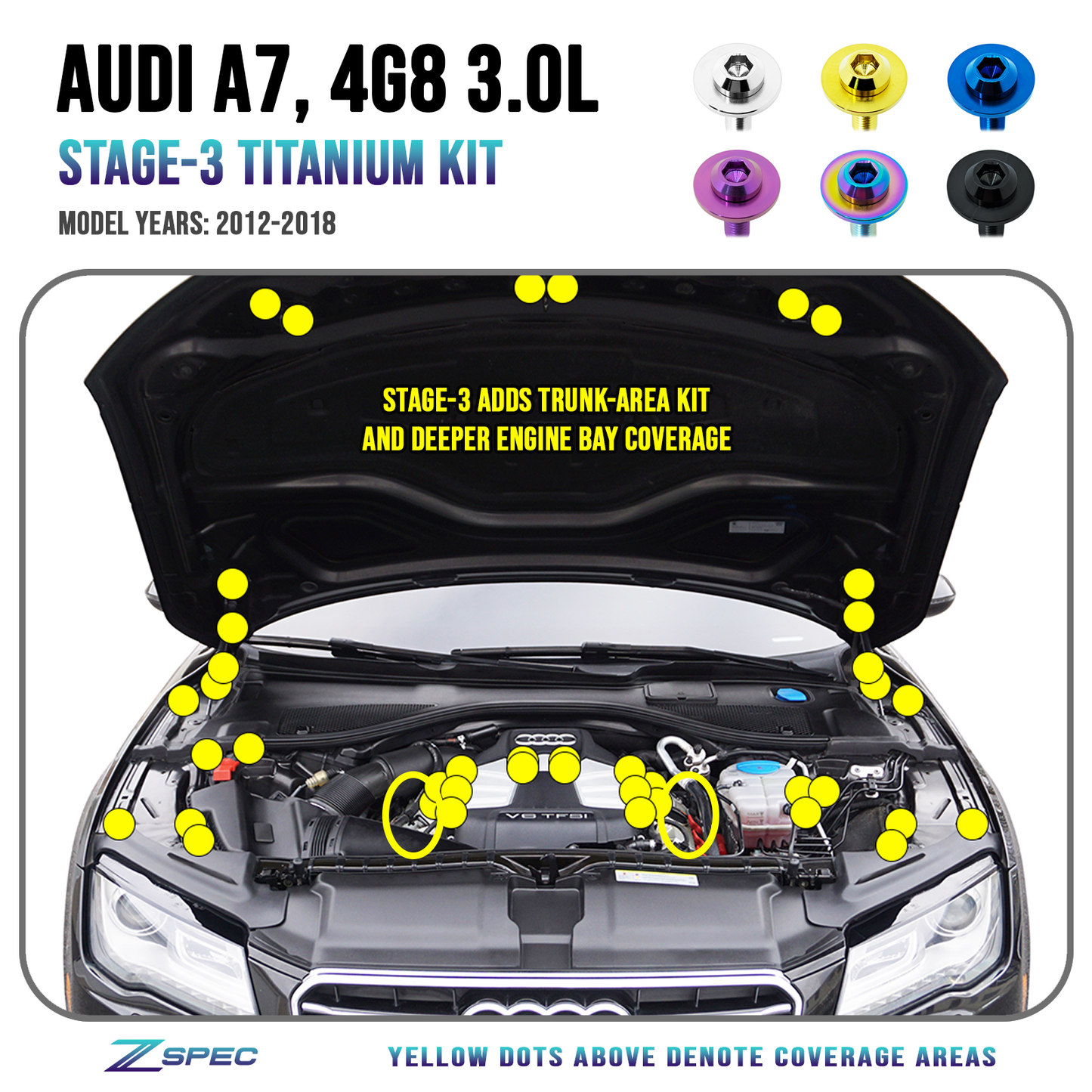 ZSPEC Stage-3 Dress Up Bolts® Fastener Kit for '12-18 Audi A7 4G8 3.0L, Titanium