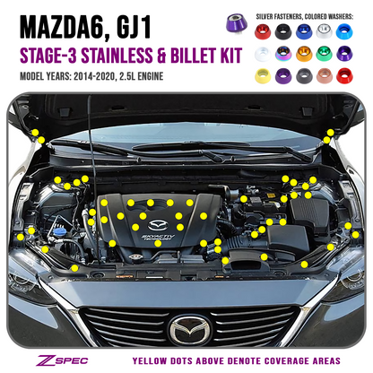 ZSPEC Stage-3 Dress Up Bolts® Fastener Kit for '14-20 Mazda6 2.5L, Stainless & Billet