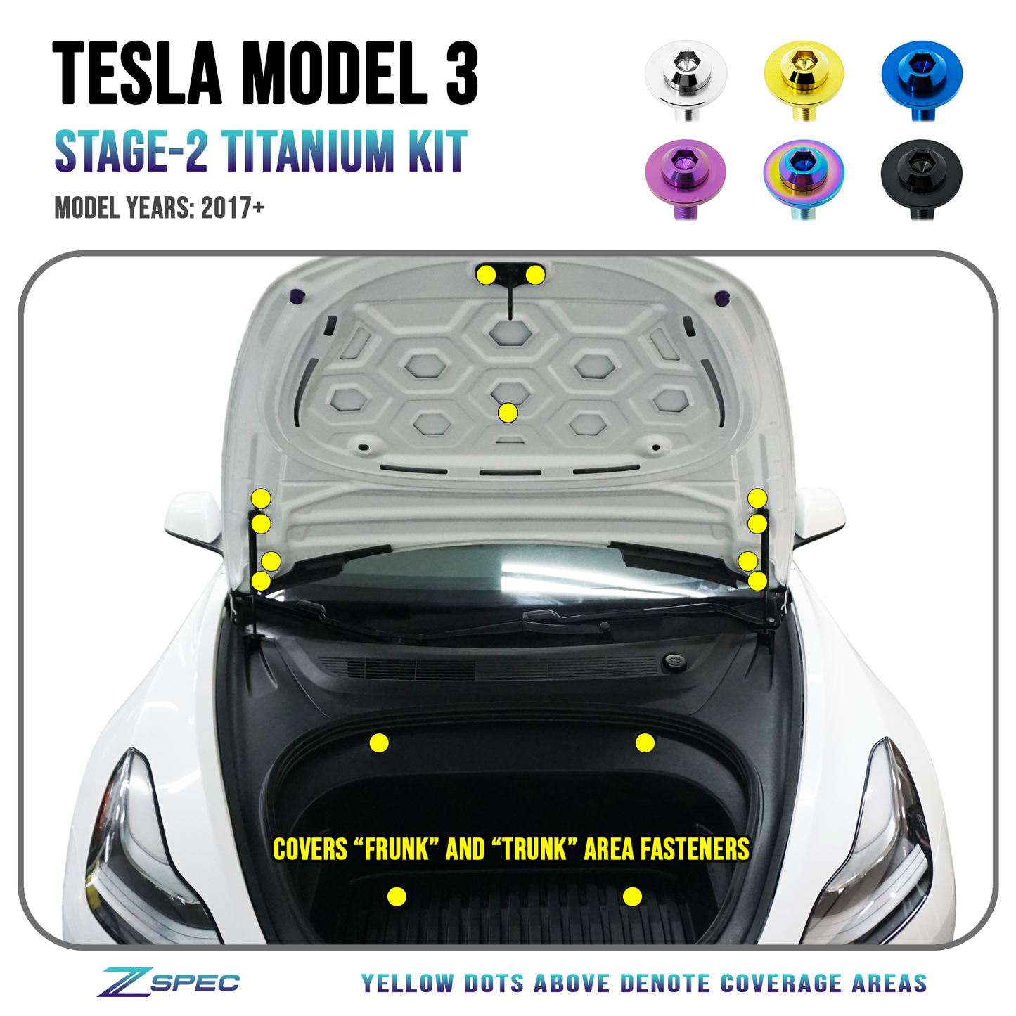 ZSPEC Stage-2 Dress Up Bolts® Fastener Kit for the Tesla Model 3, Grade-5 Titanium